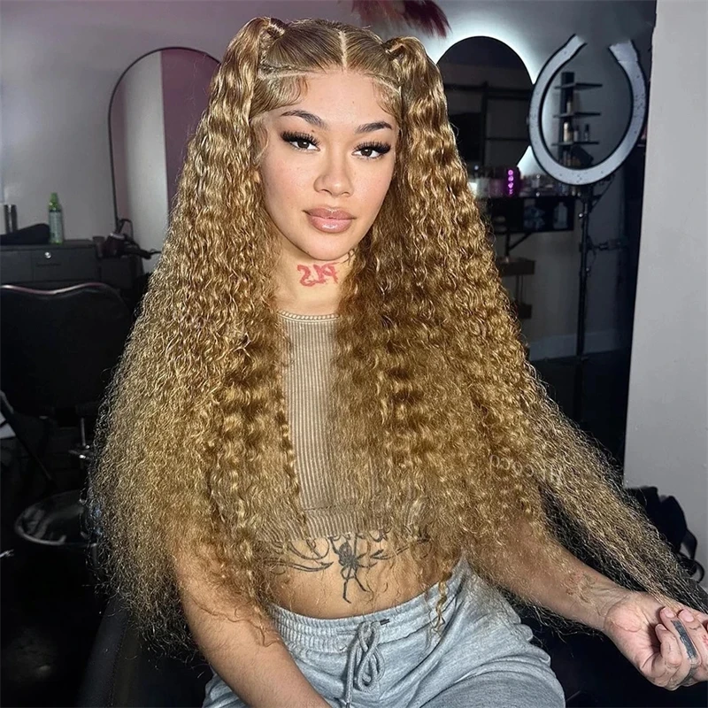 Perruque Lace Front Wig Deep Wave Naturelle Bouclée, Cheveux Humains, Couleur Blond Miel HD, 13x4, pour Femme