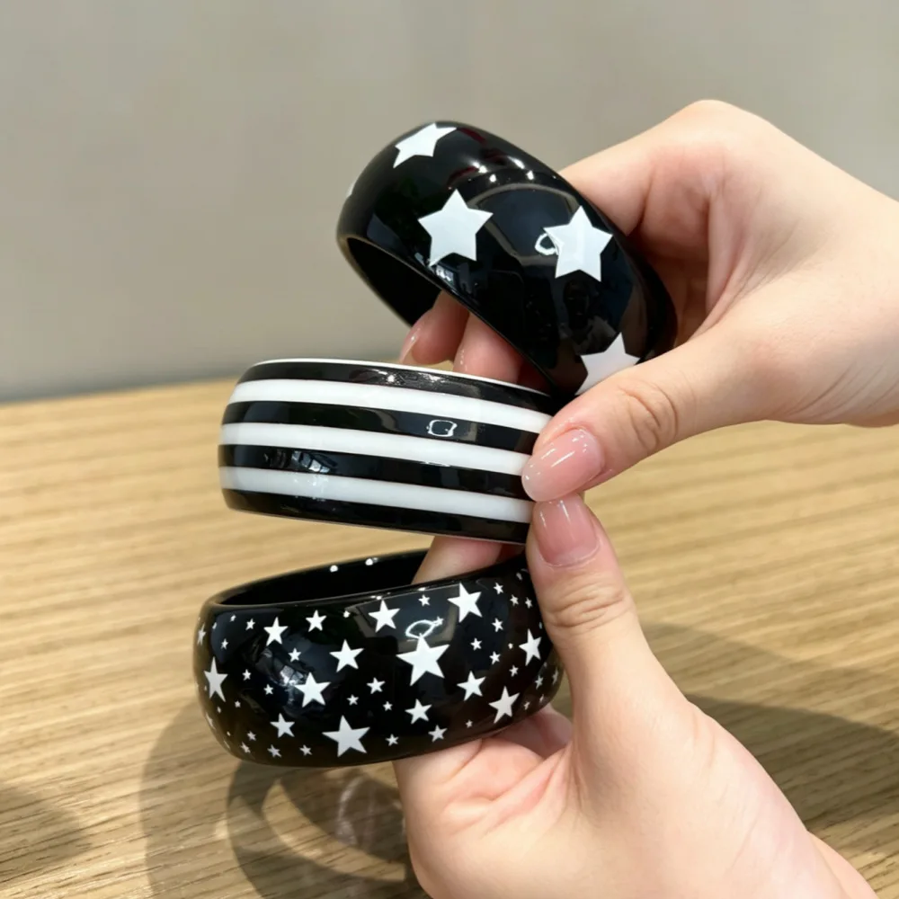 3Pcs/Set Punk Black White Striped Polka Dot Resin Wide Chunky Bracelet Set Y2K Fashion Star Stackable Bangles Women Girl Jewelry