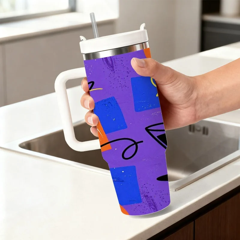 Vibrant Abstract Art 40Oz Stainless Steel Insulated Tumbler, Digital Print with Purple Background, Bold Orange & Blue Shapes, Playful Martini Glass Pattern, Insulated Cold & Hot Drink Cup for Daily Commute, Office & Outdoor Use