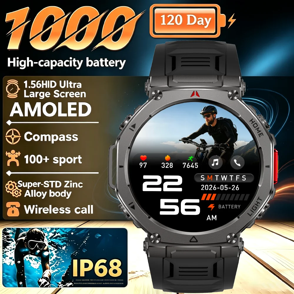 2026 Military 1000 Mah battery smartwatch, men's outdoor flashlight, IP68 waterproof,100+sports，Bluetooth call, fitness band