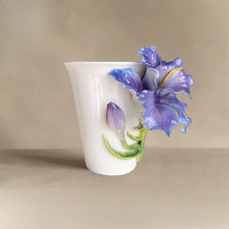 Intangible Cultural Heritage Hand Pinch Flower Purple Iris Ceramic Cup Coffee Cup Master Cup Birthday Gift New Year's Gift