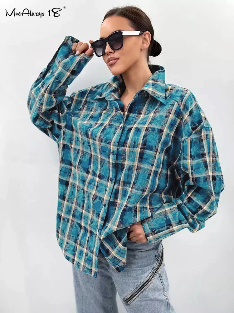 Mnealways18 Blue Plaid Casual Women Shirts Street Style Long Sleeves Oversize Classic Button Streak Blouses And Tops Autumn 2024