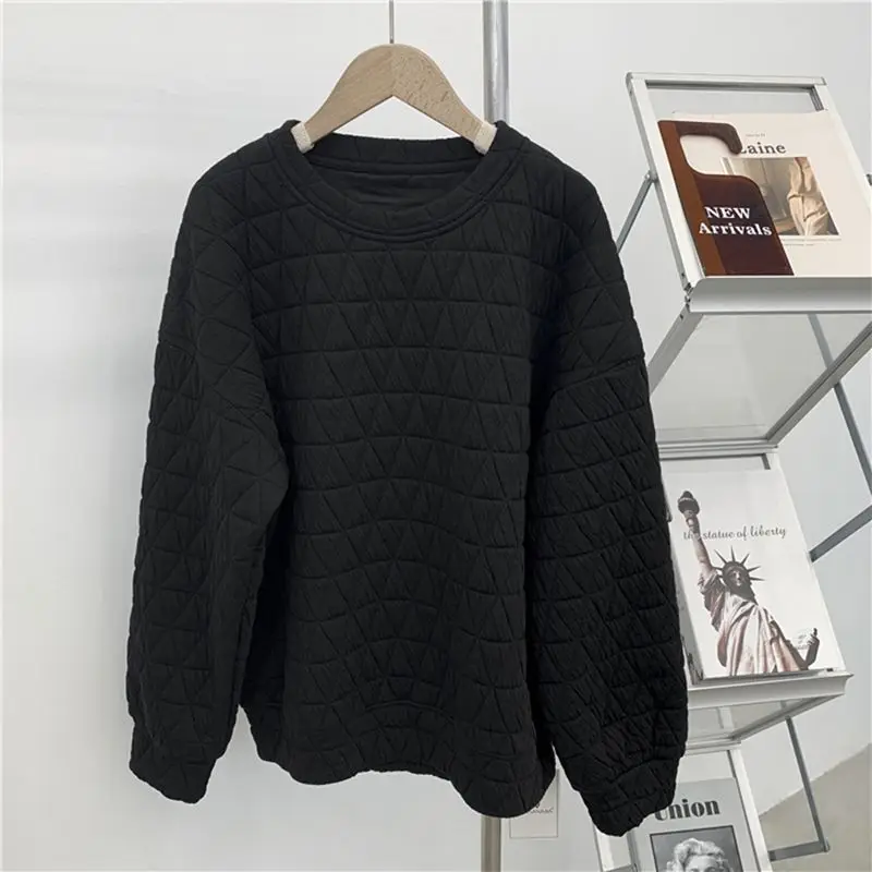 Checkered Sportswear Women's Autumn And Winter Loose Fitting Solid Color Lazy Style Pullover Casual Top 2023