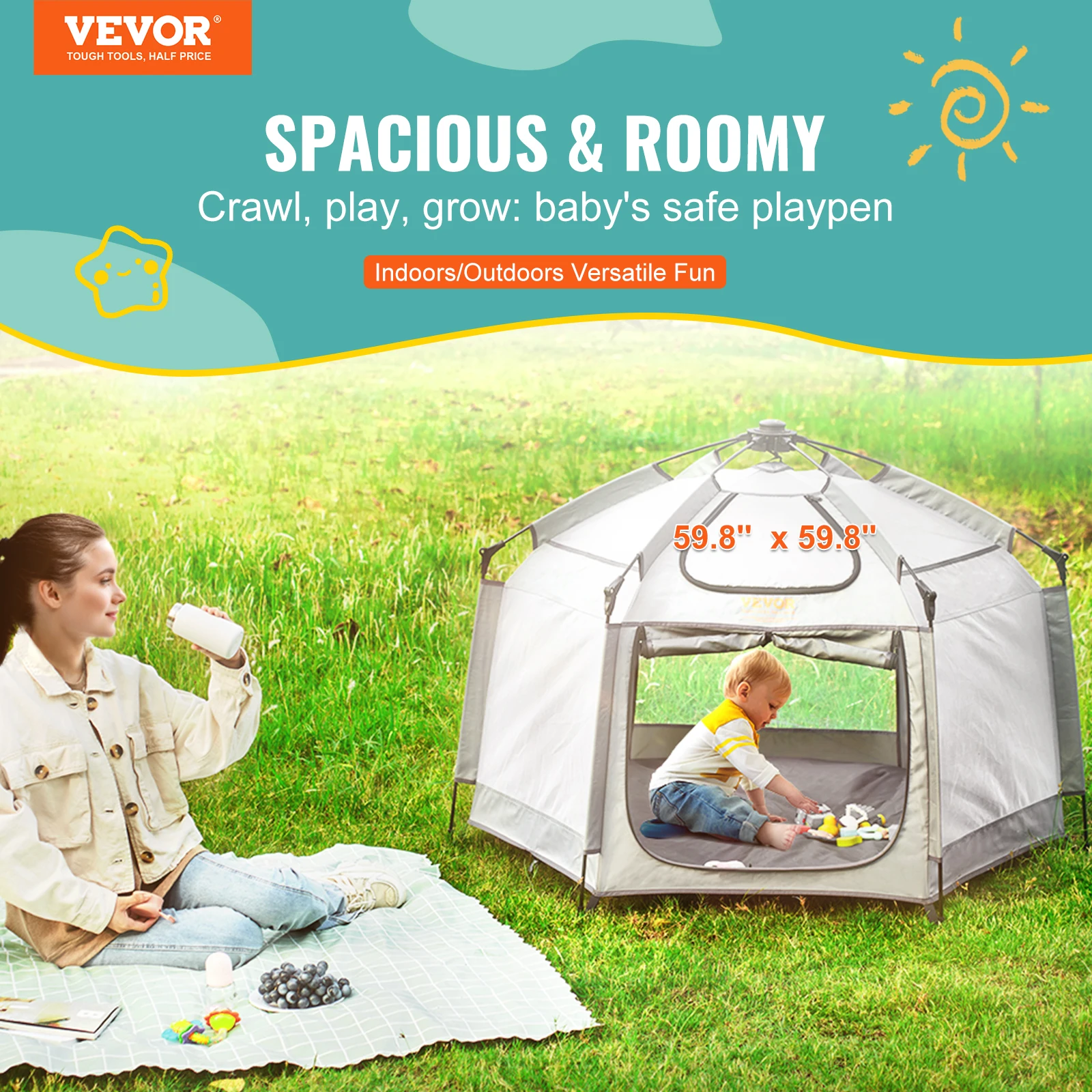 VEVOR Baby Playpen with Canopy Indoor Outdoor Portable Foldable& Lightweight Playpen Safety Barrier for Babies Toddler