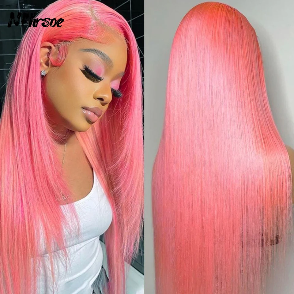 

High Quality Cosplay Pink Long Straight Transparent Lace Frontal Wigs Brazilian Colored Human Hair Wig For Women Wear And Go