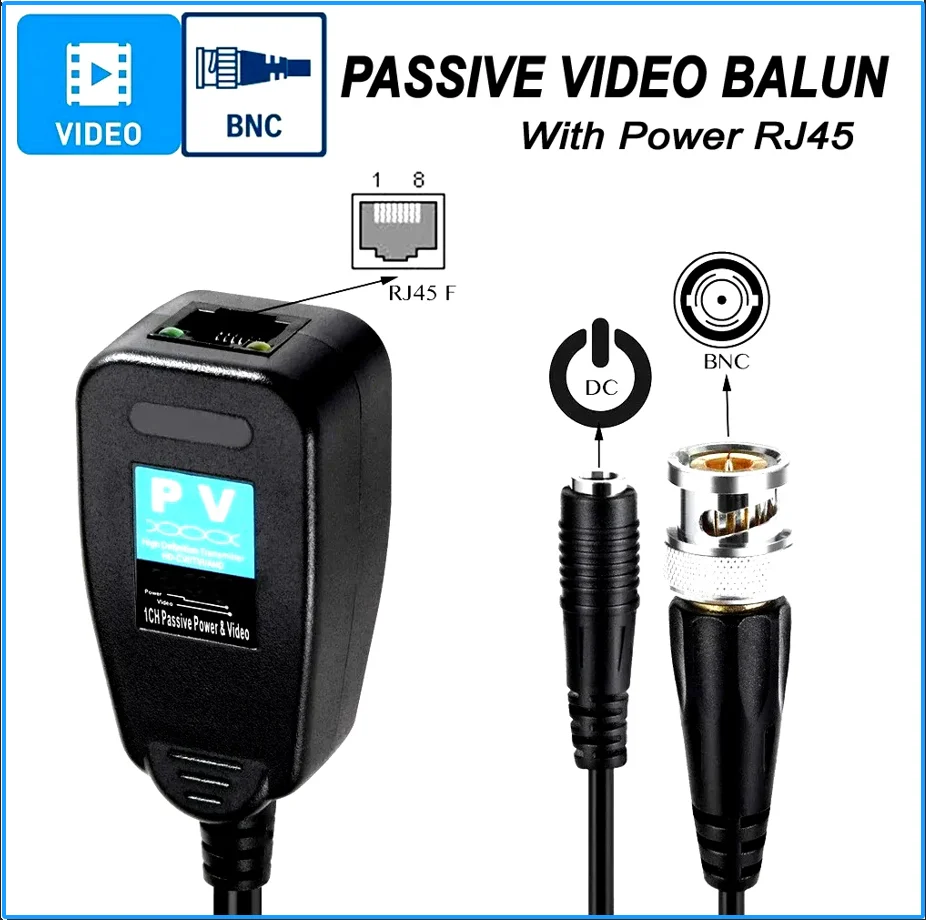 1CH 패시브 발룬 RJ45 CCTV 비디오 트랜시버 동축 BNC 공급 전원 커넥터 (HDCVI HDTVI AHD 아날로그 고화질 카메라용)