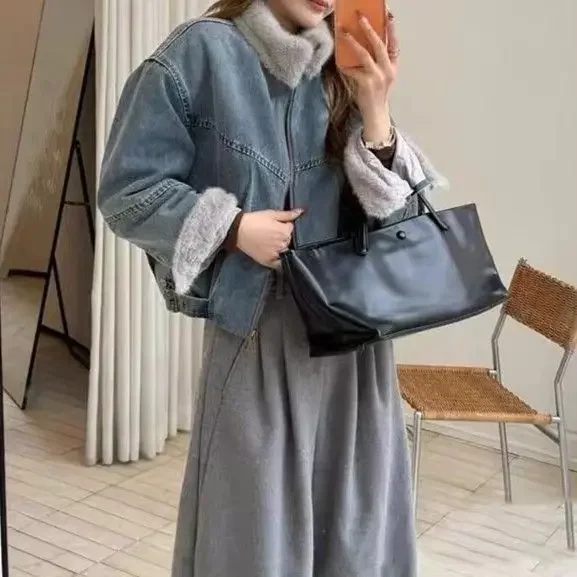 2026 Autumn/Winter Women's Denim Cotton Jacket Loose Casual Short Splicing Jacket