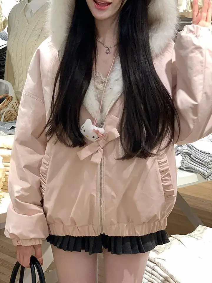 Kawaii Y2K Jacket Winter Fur Collar Sweet Hooded Women Thick Jacket Casual Tops Zipper Loose Fashion Hooded Coat New Clothes