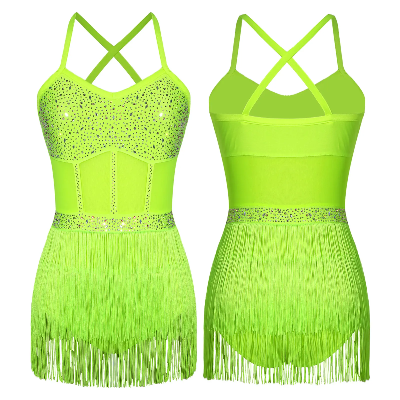 女性ラインストーンラテンタンゴダンスレオタードドレスシアーメッシュパッチワークタッセルフリンジチャチャサンバルンバラテンドレスダンスウェア