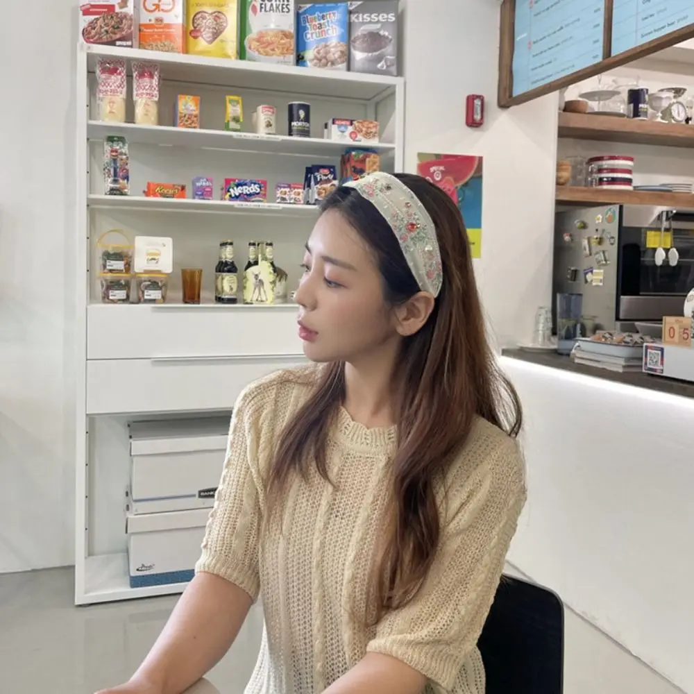オールマッチ韓国風刺繍レースヘッドバンド花柄ワイドエッジラインストーンヘアバンドフェアリーリボンヘアフープヘッドウェア