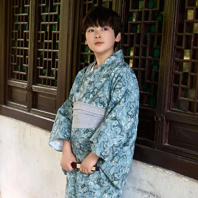 Boys Japanese Kimono Samurai Robe with Belt Traditional Kimono Cardigan Bathrobe Yukata Spring Summer