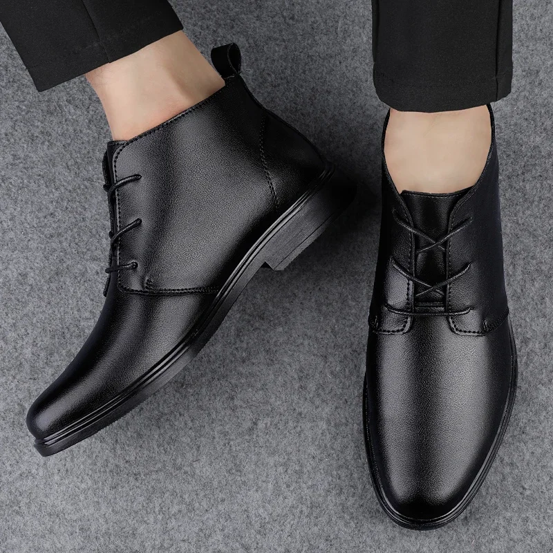 Winter High-quality Handmade Thick Soled Comfortable Travel Men Shoes New Warm and High Top Leather Snow Boots with Added Fleece