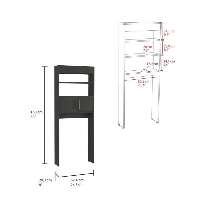 خزانة تخزين فوق المرحاض، باب مزدوج، رفين، لمسة نهائية سوداء، تصميم موفر للمساحة، مثالية للحمام #4