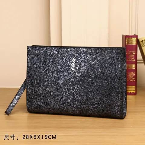 Authentic Pearl Fish Skin Pattern Men's Black ZIP Wristlets Pouch Bag Exotic Stingray Leather Printed Male Large Clutch Purse