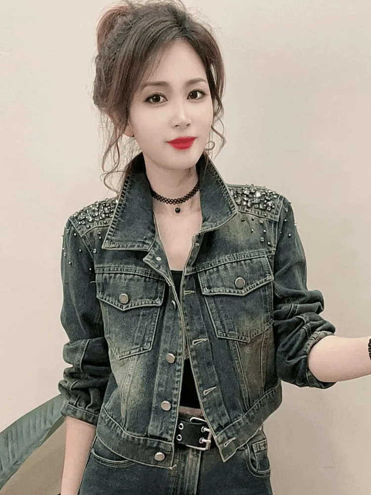 

Early Autumn Short Denim Jacket Women's High-End Glittering Bead Embellished Straight Cut Regular Sleeve Long Collar Coat
