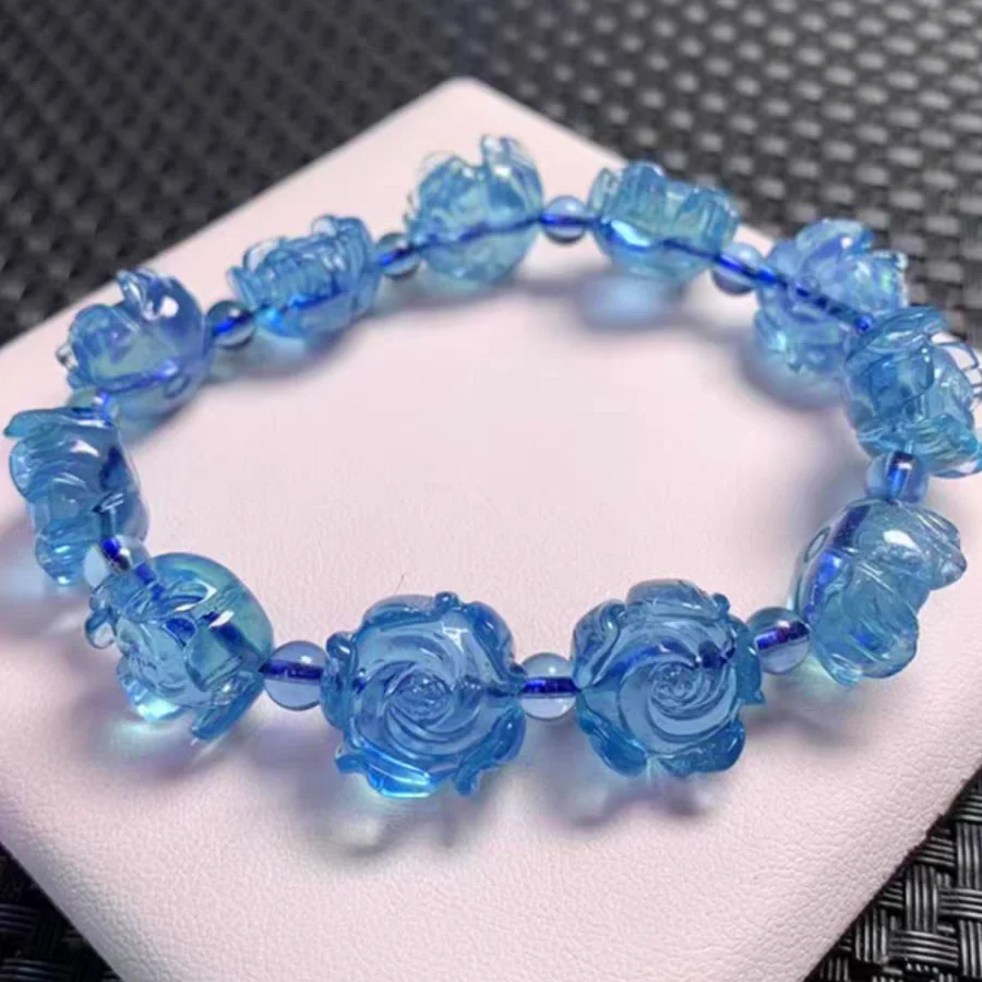 Natural Blue Aquamarine Beads Bracelet 13x13mm Women Men Flower Brazil Stretch Blue Aquamarine Jewelry AAAAAA