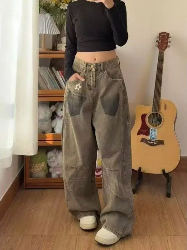 American Retro Old Wasteland Wind Graffiti Design Denim Women's Pants Summer High Street Loose and Thin Mopping Wide-leg Pants