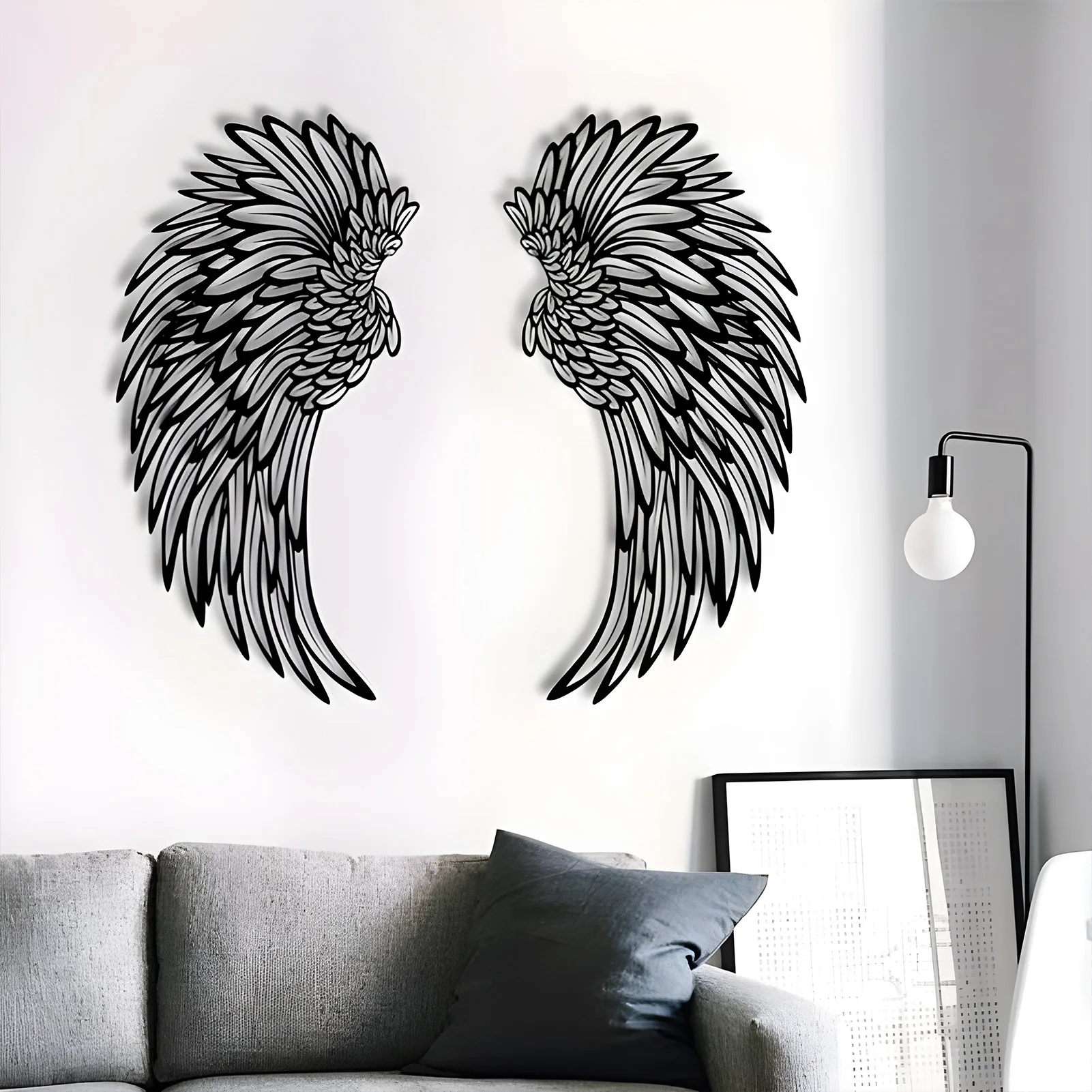 Escultura de pared de alas de Ángel, decoración Simple y rústica de hierro blanco y negro antioxidante para el hogar con luz LED