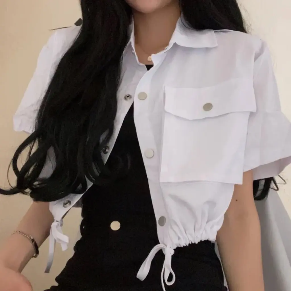 

Elegant Korean Style Solid Color Short Sleeve Jacket Women's Tooling Sunscreen Korean Fashion Upper Wear