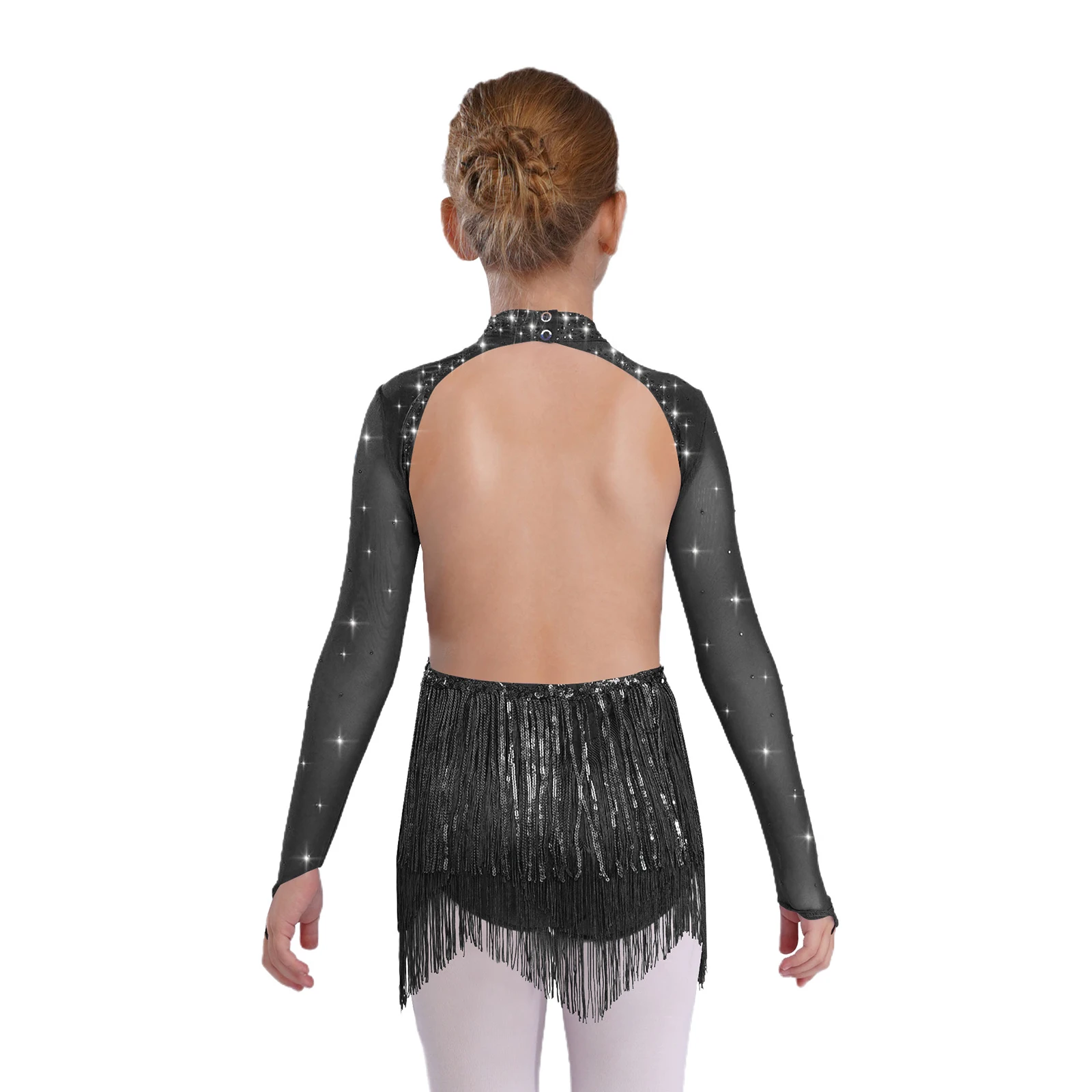 Kinder Mädchen Latin Jazz Dance Trikot Kleid Pailletten Quasten Langarm Rückenfrei Strass Body Bühnenkostüm