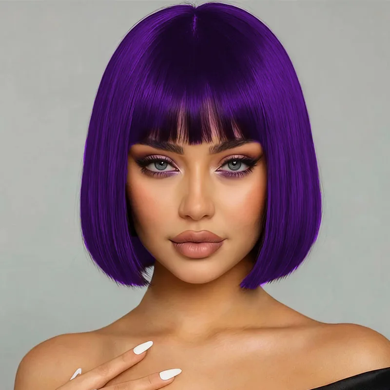 

Женский фиолетовый синтетический парик длиной 12 дюймов, термостойкое волокно, подходит для ежедневных вечеринок на Хэллоуин и Рождество.