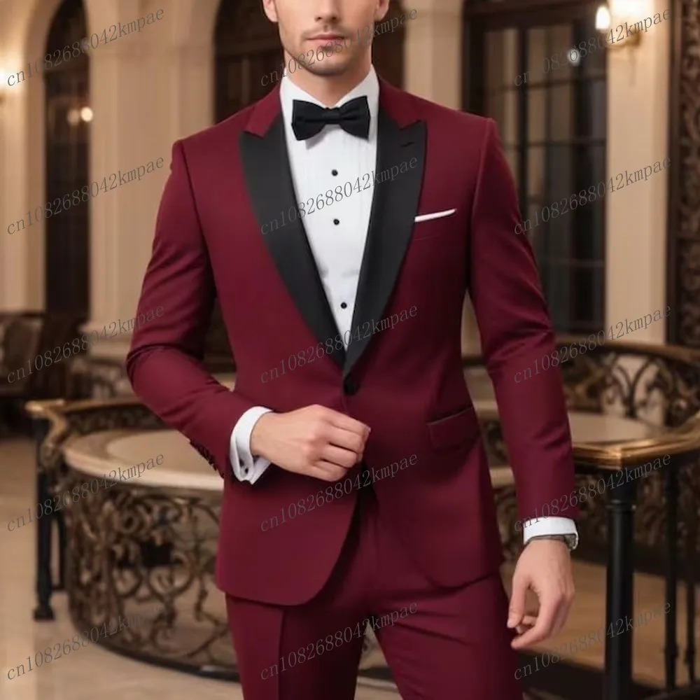 

Black Lapel Burgundy Formal Occasion Men Tuxedos Groom Groomsman Wedding Party Prom Business Male Suit 2 Piece Set Blazer Pants