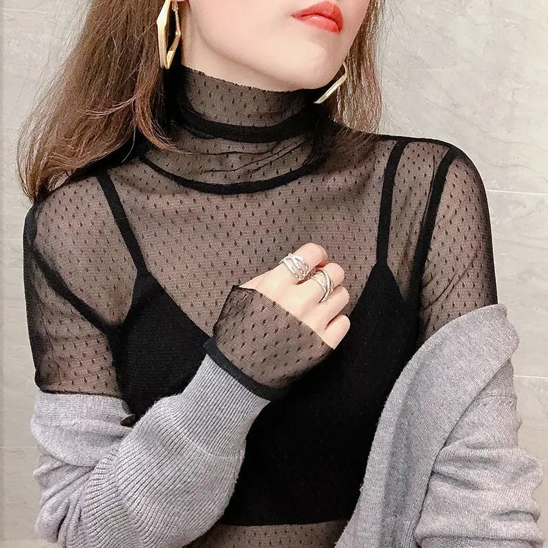

Mesh Lace Sexy T-shirt Turtleneck Tops Y2k Clothes See-through Bottom Shirt Long Sleeve Inner Korean Chic Black White New