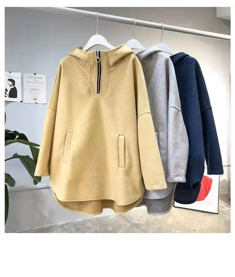 Women's Hooded Sweatshirt Solid Color Half Zipper Pullover With Pockets Loose Comfortable Versatile Casual Daily Wear Sweatshirt