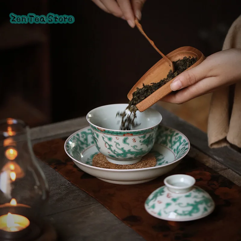 Hand-painted Green Dragon Sancai Cover Bowl Ancient Green Glaze Kung Fu Tea Set Tea Bowl Retro Home Chinese Tea Bowl Single