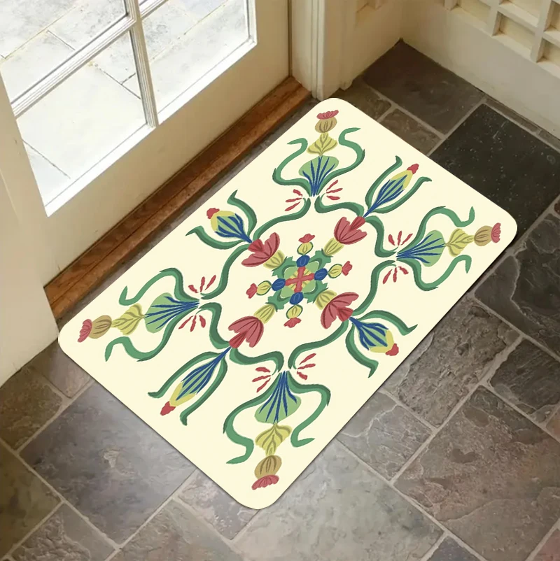 Moroccan Style Floral Doormat Retro Bohemian Non Slip Indoor Carpet Mat Flower Vine Pattern for Entryway Living Room Area Rug