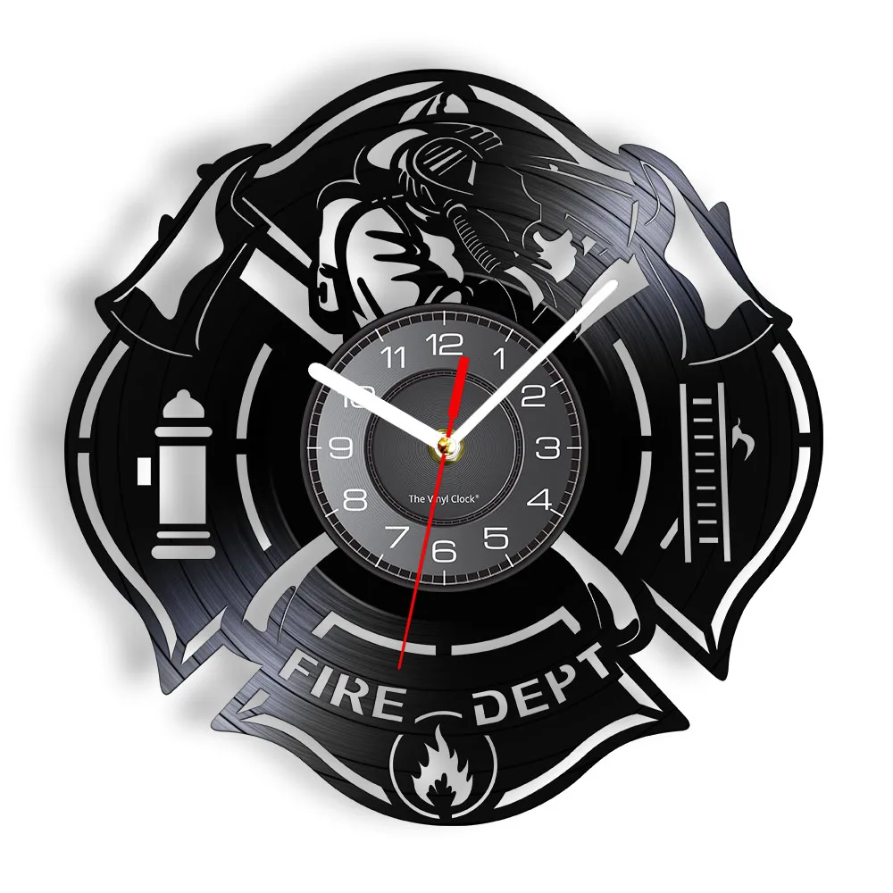Fire Department Logo Wall Sign Fire Station Wall Clock Firefighter Vinyl Record Clock Firemen Axe Home Decor Watch Vintage Clock