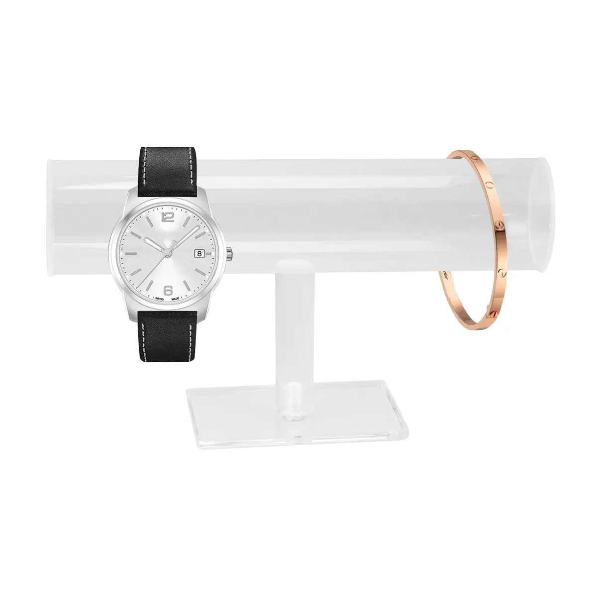 

Premium Acrylic T-Shaped Bracelet Display Stand for Jewelry Shop Organizing Watches Bangles and Accessories Rectangular Base