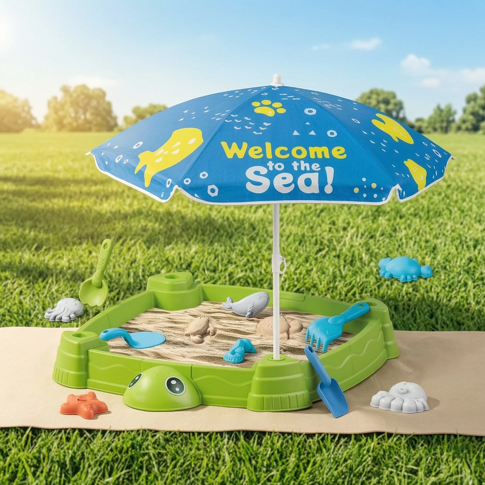 Sand and Water Table with Umbrella Multiple Children Water Table with Umbrella Sensory Playset Compact Profile Toy Splash