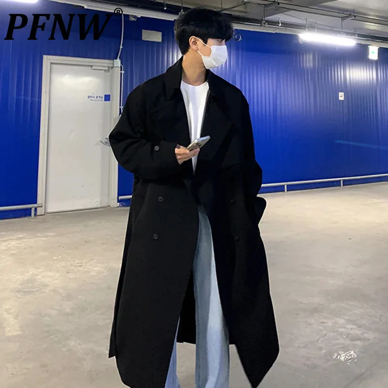 

PFNW Mid Length Overcoat Korean Loose Men's Coat Fashion Knee Over British Trench Lace-up Windbreakers Autumn Winter New 9C1874