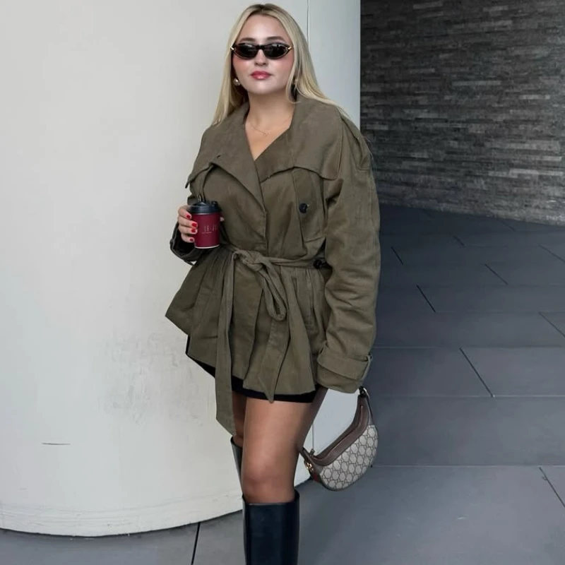 

TARUXY Leisure Belt Waistband Trench Coat Women's Fashion Stand Collar Single-Breasted Pocket Long Sleeves Splicing Jacket New