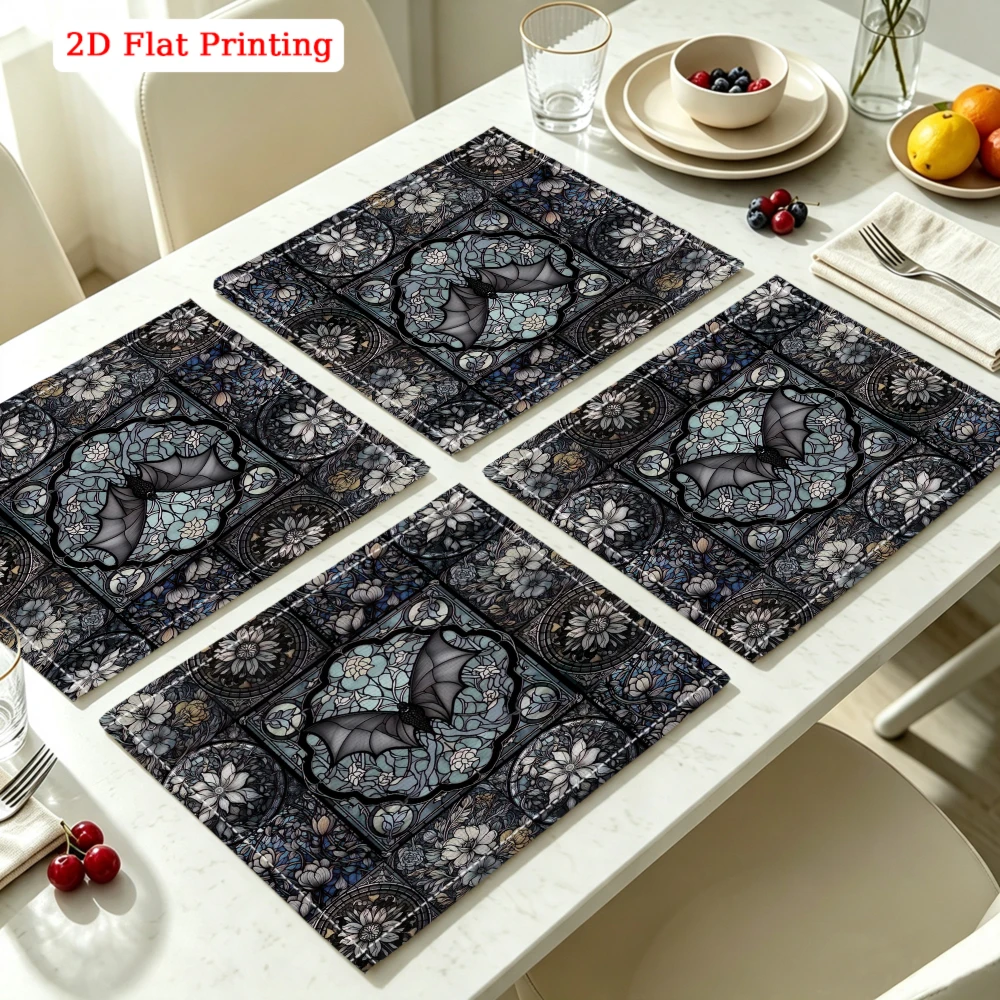 2Pcs Gothic Bat Floral Placemat Black Blue Stained Glass Table Mat Kitchen Dining Decor Heat Resistant Pad 30X40Cm