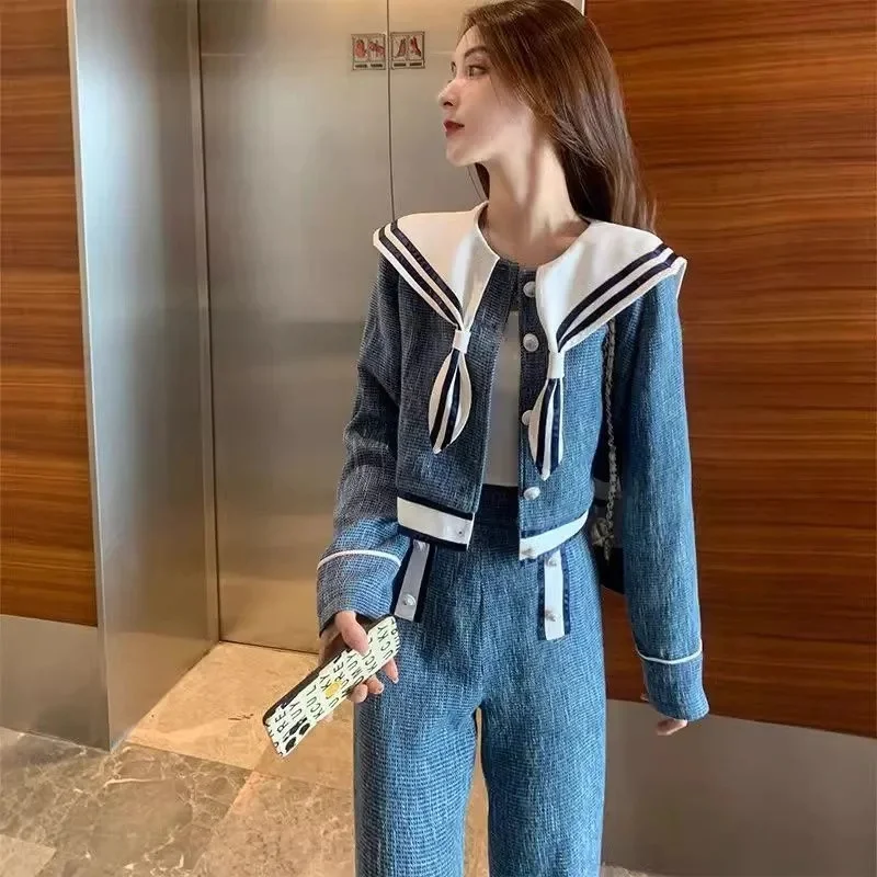 

2024 Spring Autumn New Ladies Sports and Leisure Small Fragrance Fashion Set Single-Breasted Top Wide-leg Pants Two-piece Suit