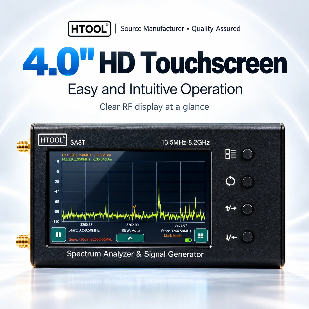 Handheld Spectrum Analyzer HTOOL SA8T 13.5MHz-8.2GHz Signal Generator S21 Measurement 4-Inch IPS Touchscreen 0.75s Full-Band Swe