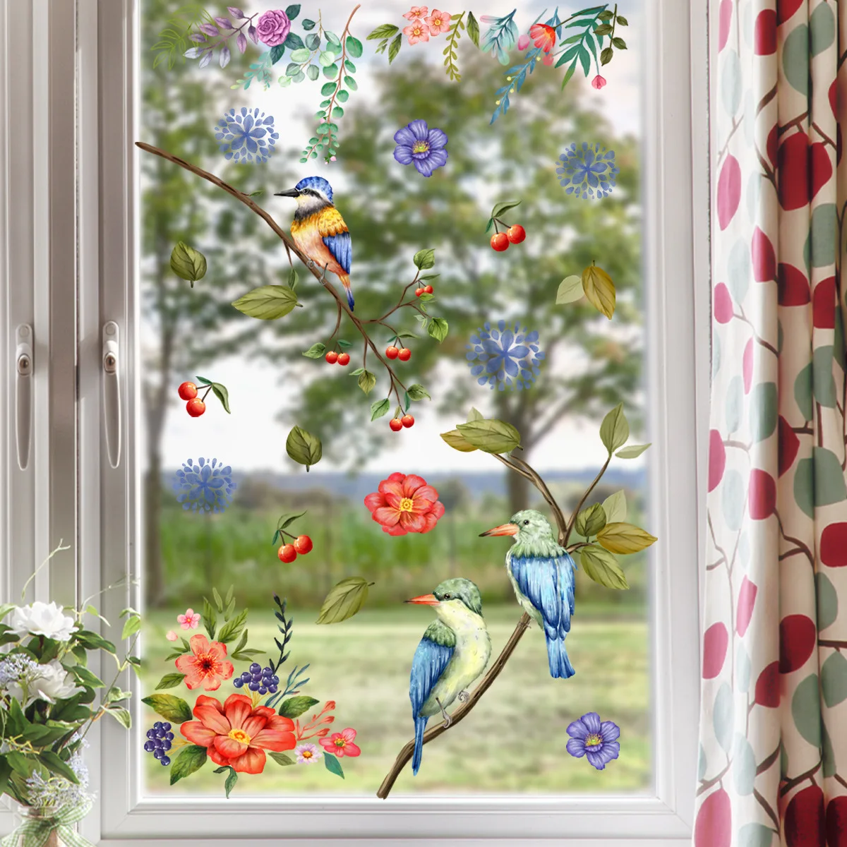 30*60cm Branch Bird Flower Wall Sticker Window Sticker Living Room Bedroom Restaurant  Decorative Self-adhesive Wall Sticker