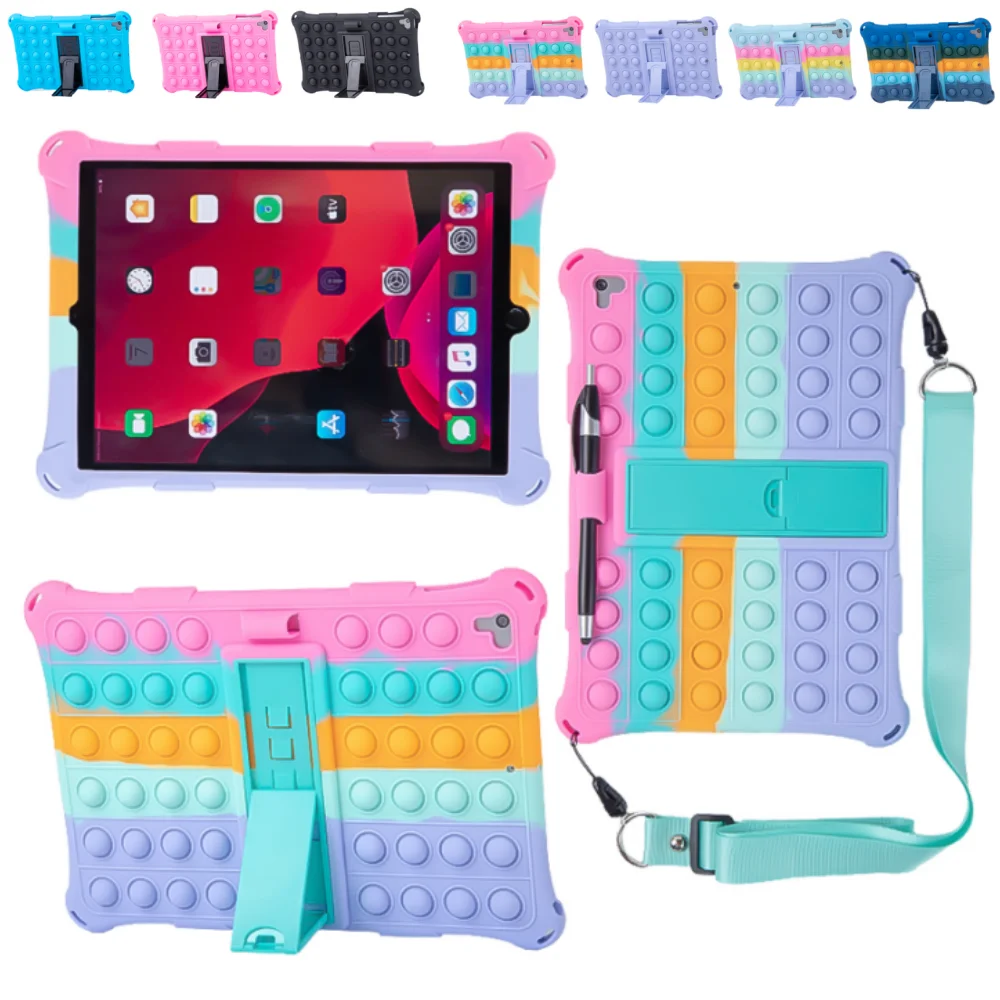 Kids Case for iPad 10.2 9th 8th 7th Gen pro 10.5 Air 3 Silicone Decompression Bubble Cover with Shoulder Strap & Pen