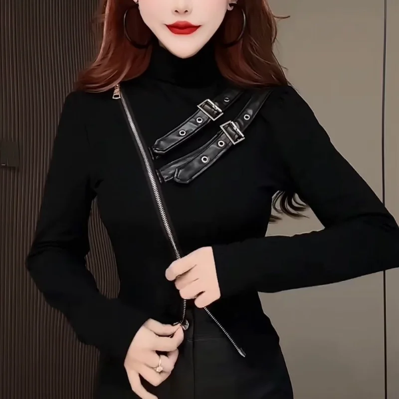 

Осень-зима, новый американский стиль, пояс на молнии, нерегулярная футболка с длинными рукавами, женский темпераментный тонкий топ