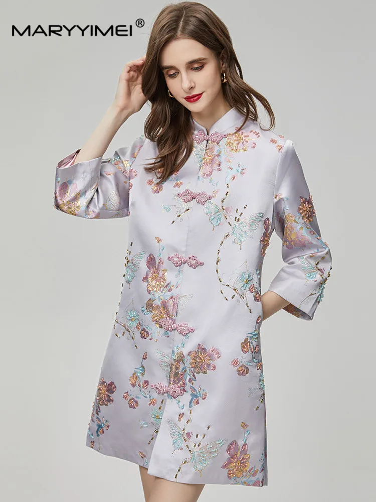 

MARYYIMEI Fashion Designer Women's Autumn Stand Up Collar Long Sleeved Chinese Style Nail Beads Embroidery Purple Coat