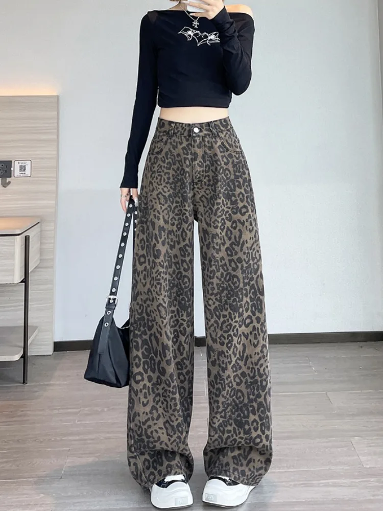 American Washed Leopard Print Straight Leg Workwear Pants Women Spring New Small Size Jeans Wide Leg Trendy Casual Trousers