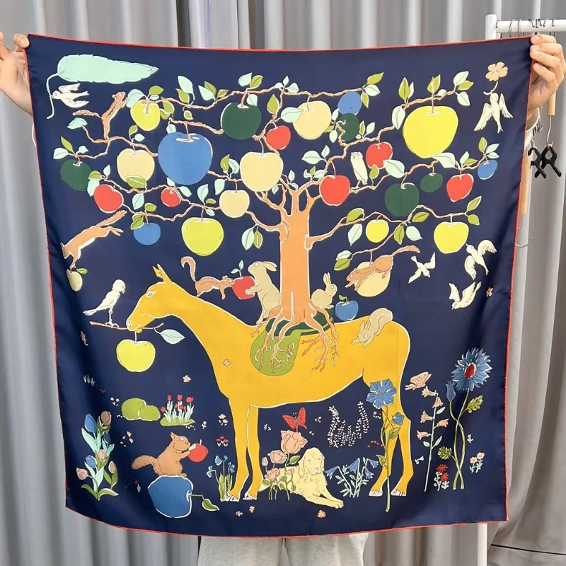 100% Mulberry Silk Horse Under Apple Tree Twill 90cm Square Scarf Elegant Summer Matching Scarf Korean Style