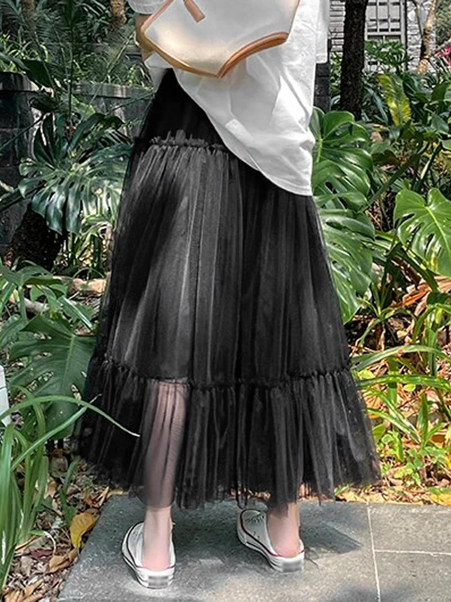 CHQCDarlys Women s Tulle Midi Skirts Pleated Elastic High Waist Mesh Long Tutu Skirt Summer Beach Party A Line Skirts