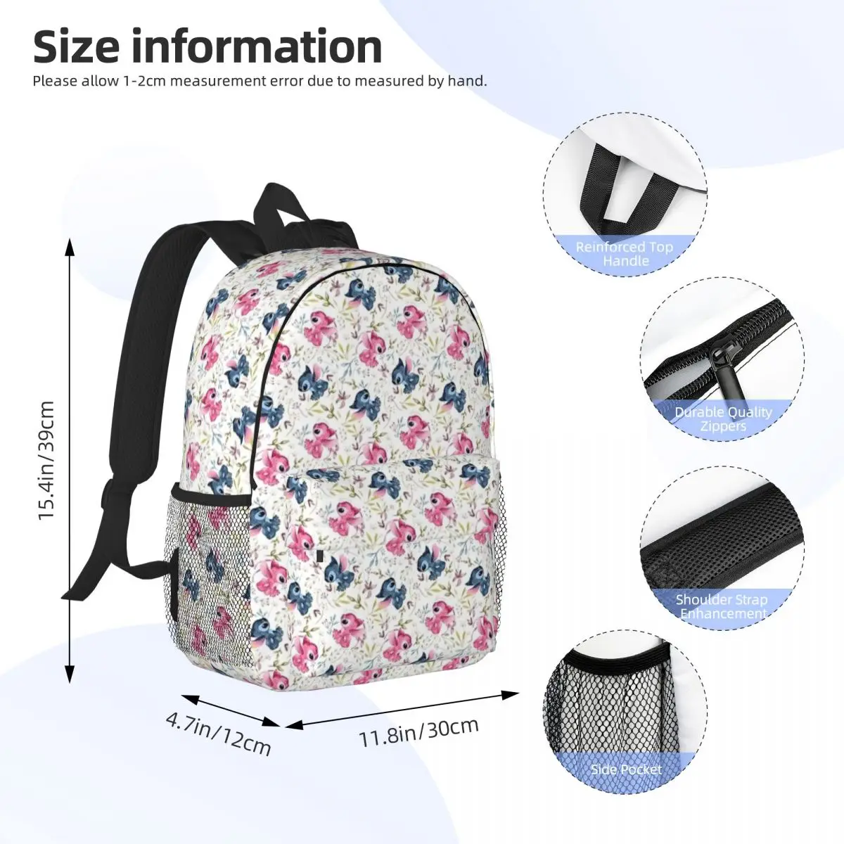 Stitch And Angel For Girls Boys Large Capacity Student Backpack Lightweight waterproof Backpack 15inch