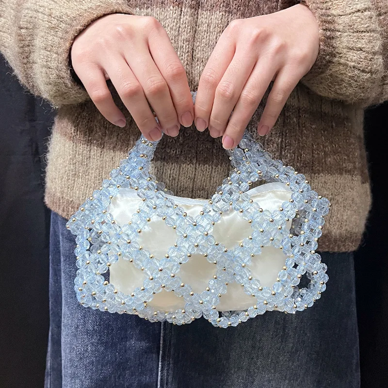 New Light Blue Crystal Bead Mobile Phone Women's Bag Ins Exquisite Handmade Woven Bags Niche Design High-end Gentle Handbag