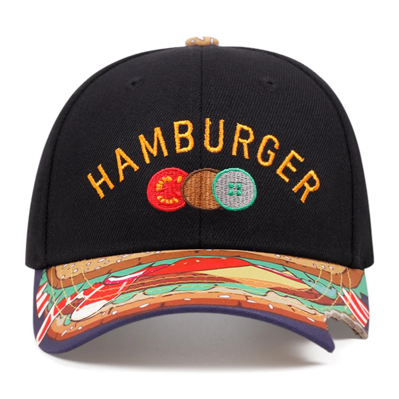 Hamburger Letter Embroidery New Fashionable Brim Pattern Printed Cute and Versatile Baseball Cap for Men and Women