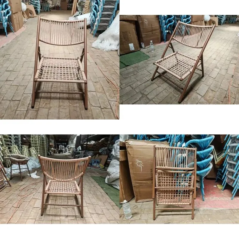 Outdoor Woven Rope Chair Portable Metal Frame Lounger for Terrace Balcony Garden