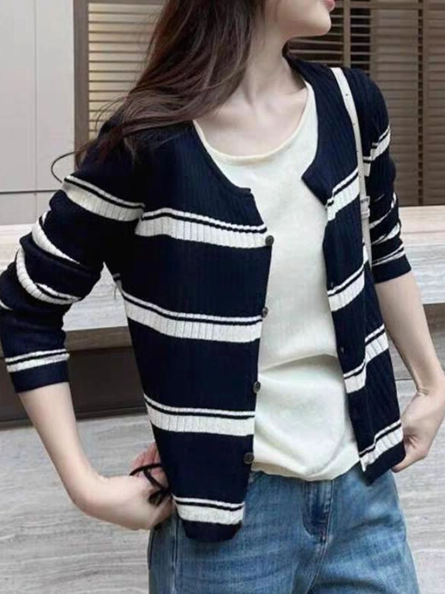 

Корейский женский трикотаж Long Sve в полоску для поездок на работу, модный цветной дизайн, лето 2021, шелковая смесь irt